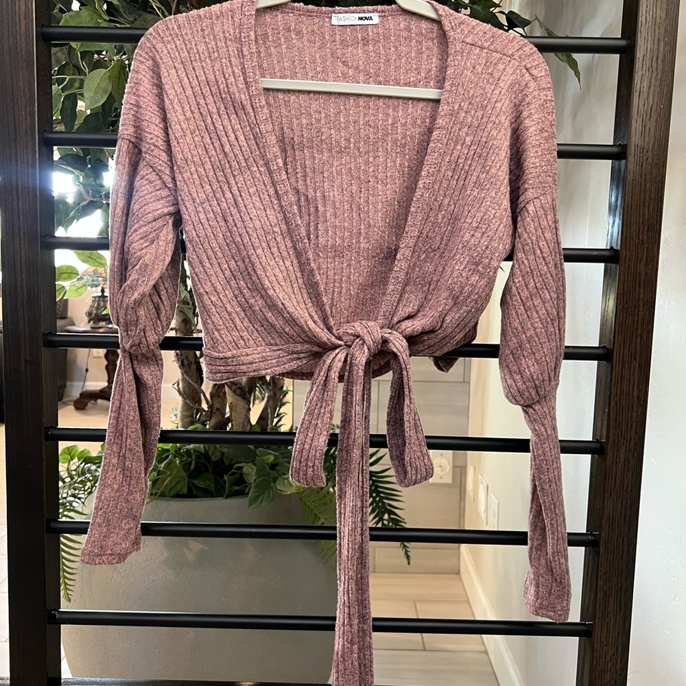 Pink Ribbed Tie-Front Sweater